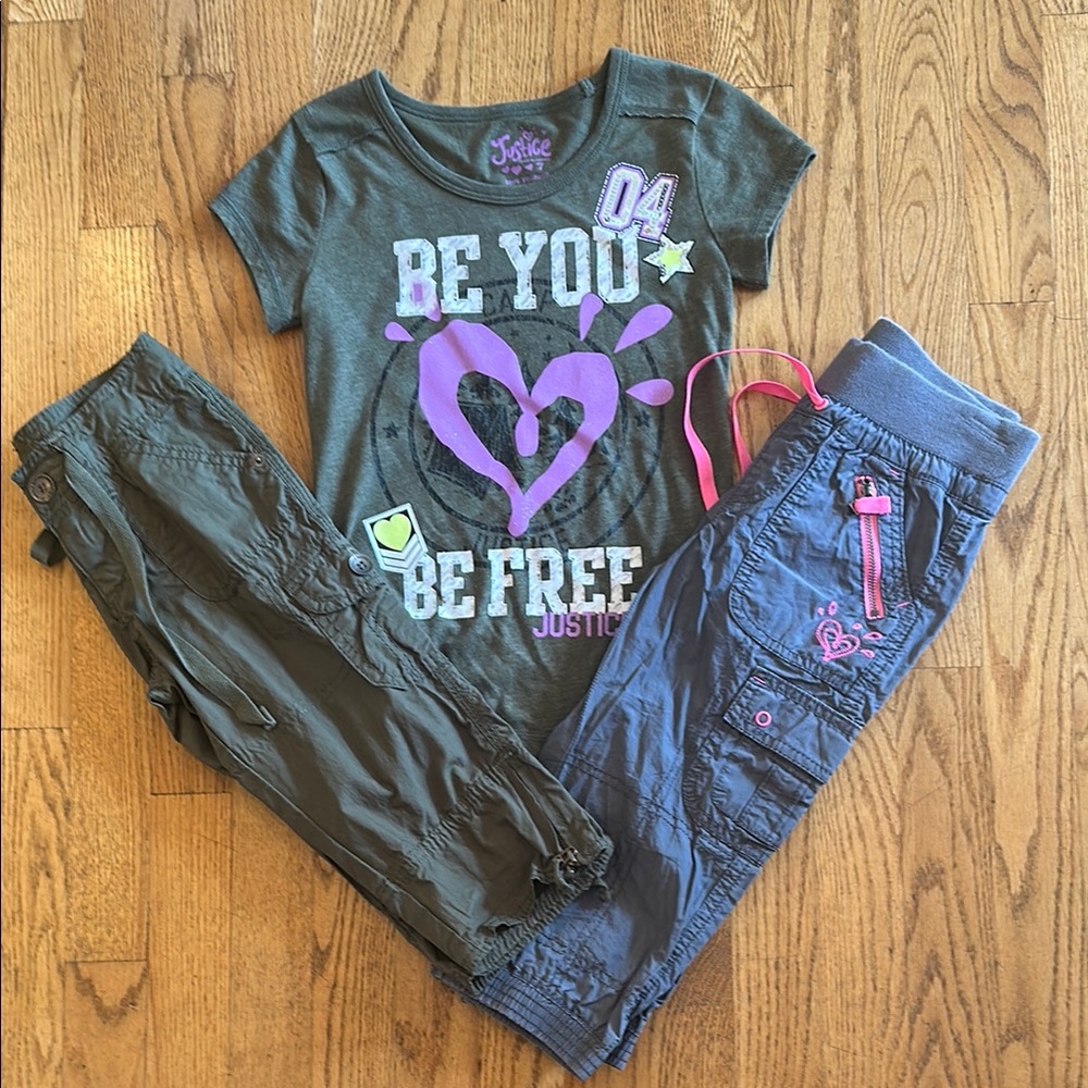 Justice Green Tee and Cargo Pants Set with Pink Accents